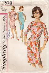 1960's Simplicity Shift Dress Pattern with or without Sleeves - Bust 34-36" - No. 5203