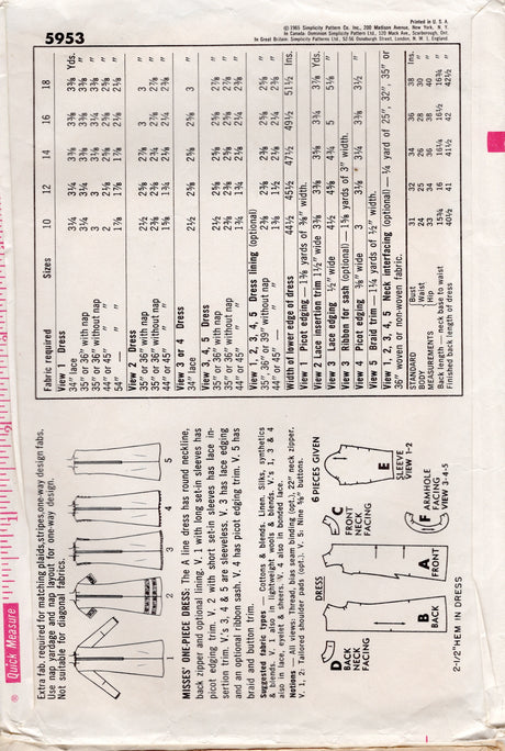 1960's Simplicity One Piece Dress Pattern in 5 styles - Bust 34" - No. 5953