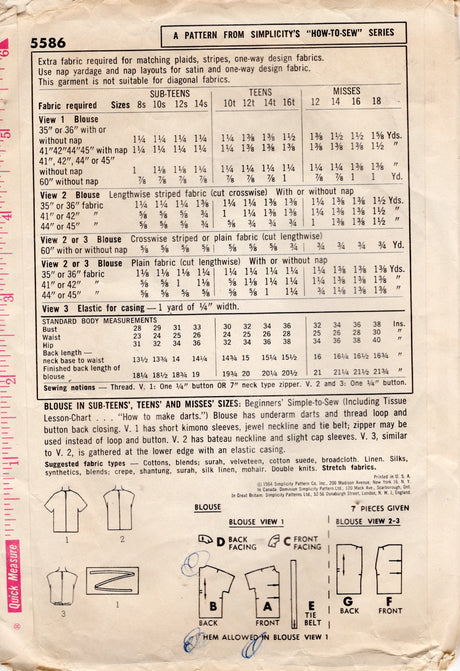 1960's Simplicity Pullover Blouse in Three Styles Pattern - Bust 34" - No. 5586