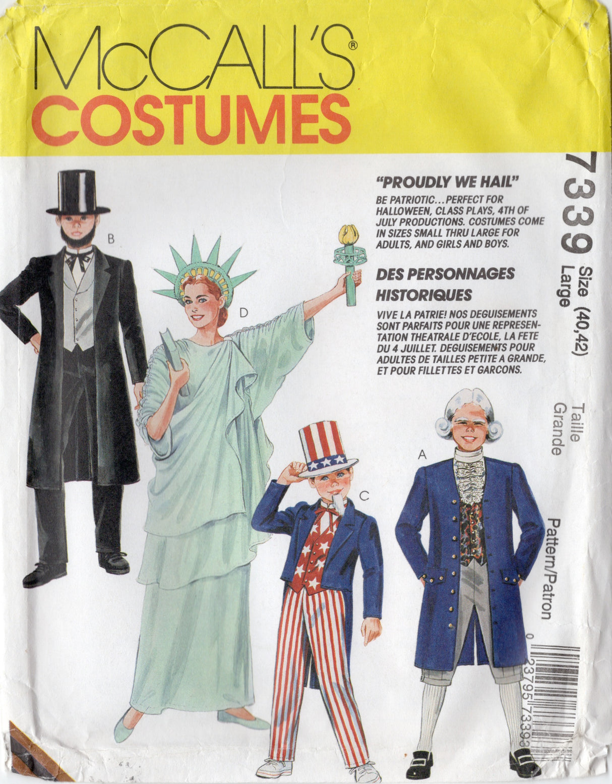 1990's McCall's "Proudly We Hail" Statue of Liberty, George Washington, Abraham Lincoln and Uncle Sam Costume Pattern - Chest 40-42" - No. 7339