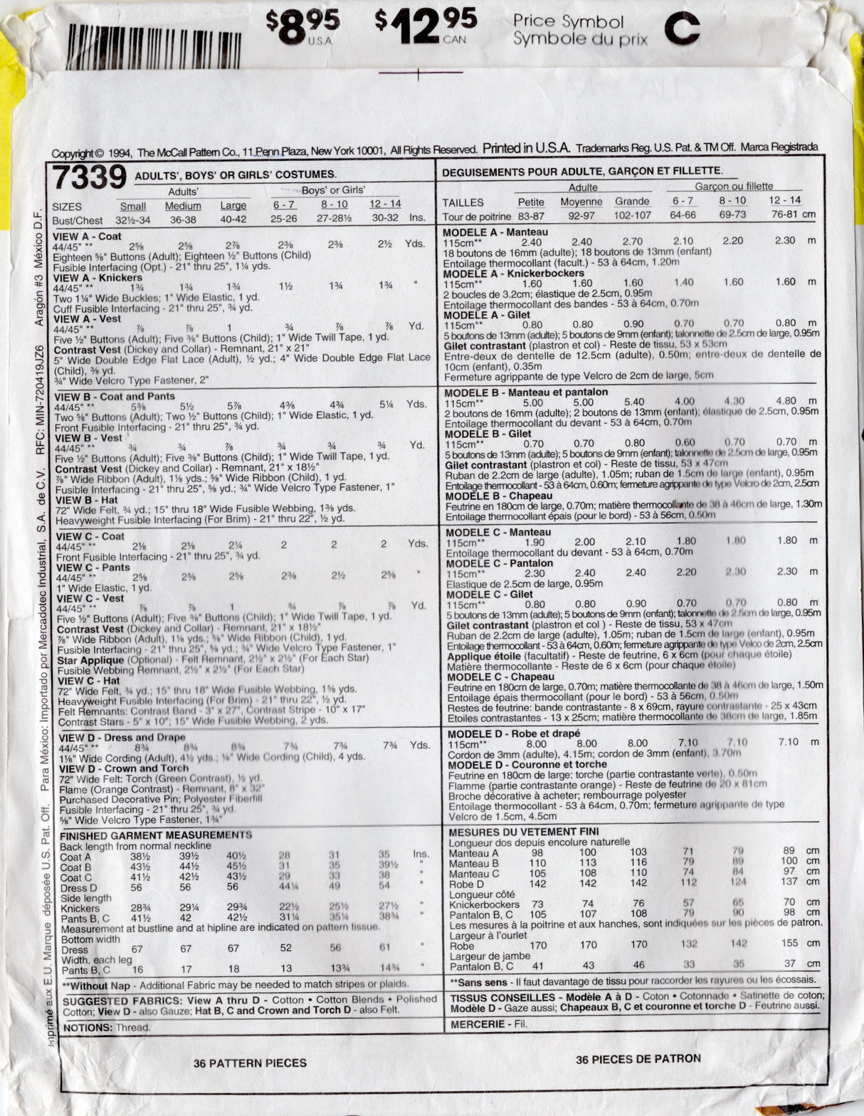 1990's McCall's "Proudly We Hail" Statue of Liberty, George Washington, Abraham Lincoln and Uncle Sam Costume Pattern - Chest 40-42" - No. 7339