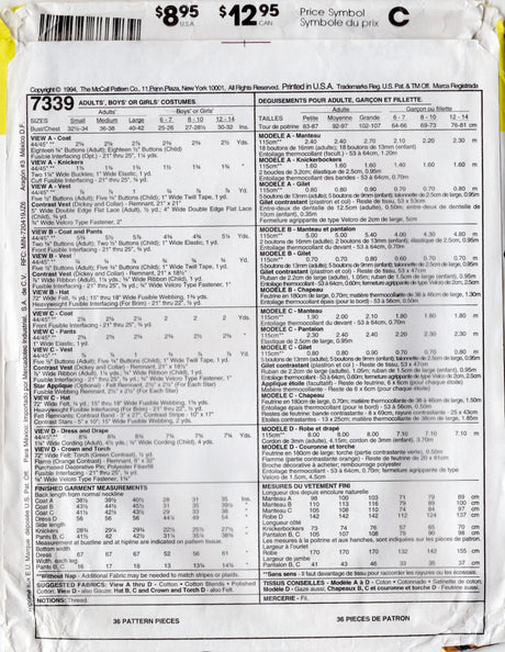 1990's McCall's "Proudly We Hail" Statue of Liberty, George Washington, Abraham Lincoln and Uncle Sam Costume Pattern - Chest 40-42" - No. 7339