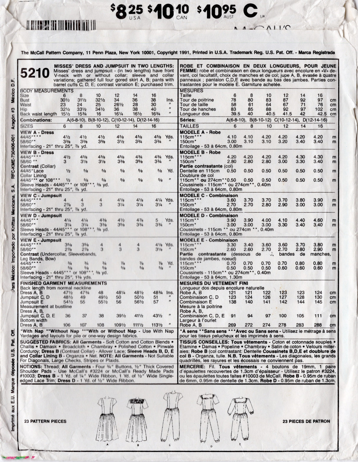 1990's McCall's Jumpsuit or Dress with Large Collar and Short or 3/4 Sleeves - Bust 30.5-32.5" - No. 5210