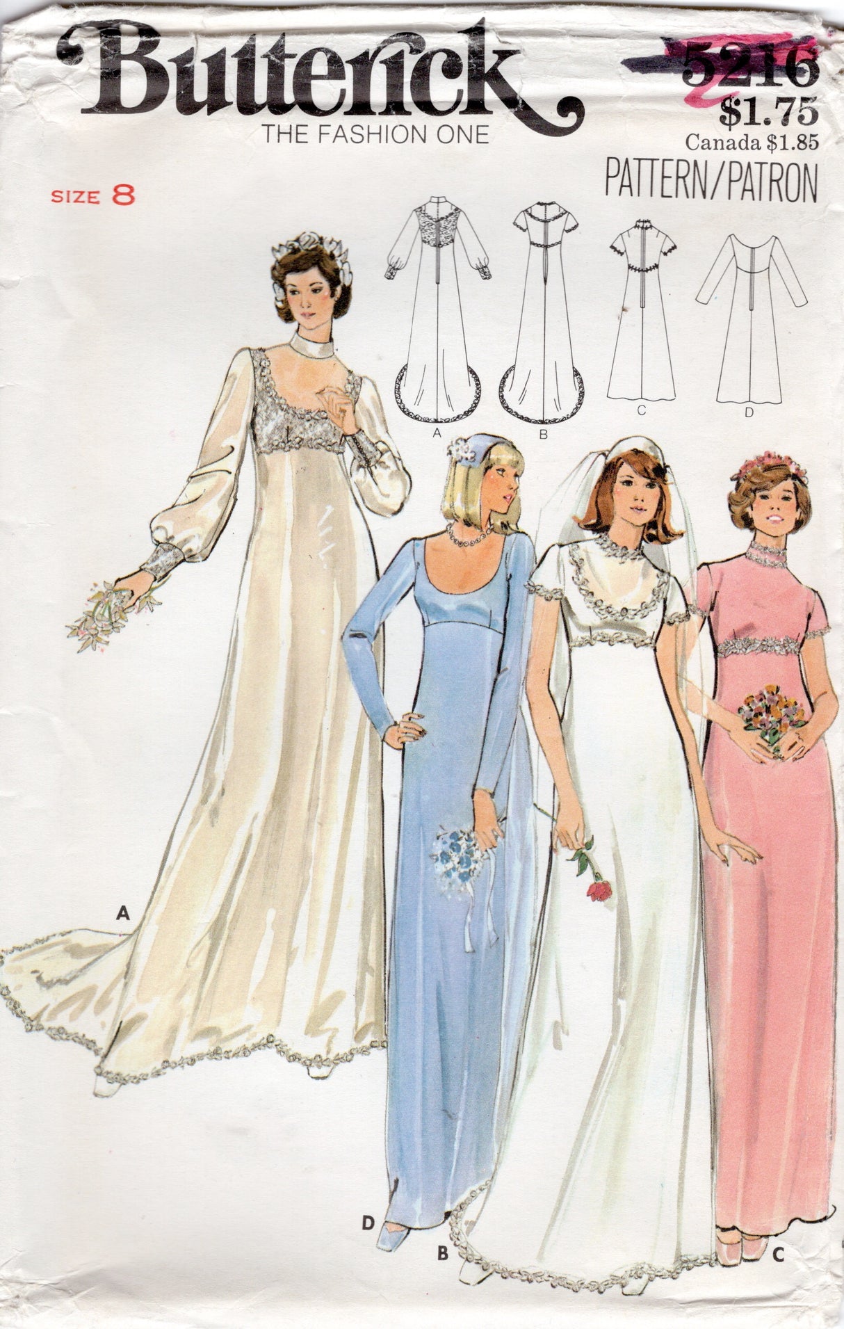 1970's Butterick Scoop or High Neckline Bridesmaid or Wedding gown with Empire Waist and Train - Bust 31.5-36" - No. 5216