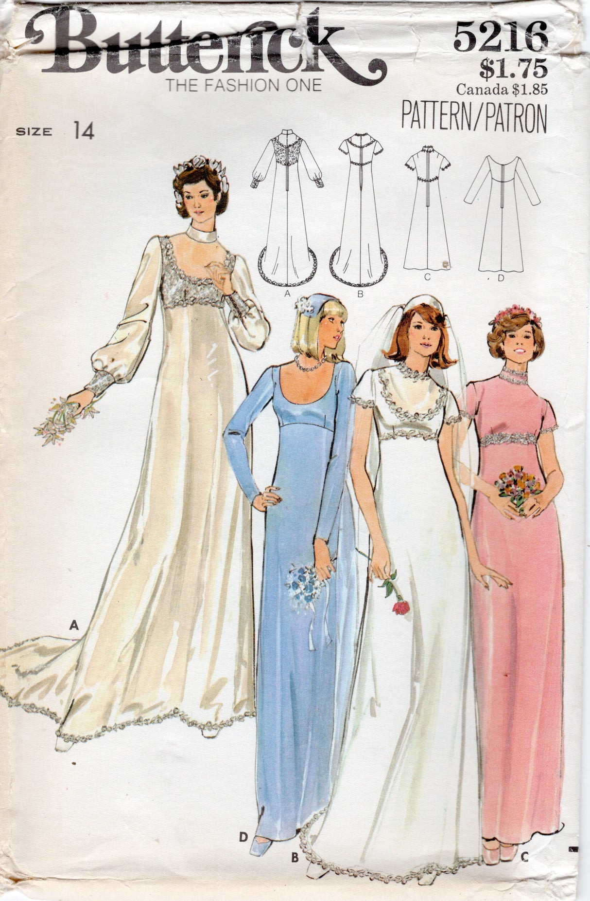 1970's Butterick Scoop or High Neckline Bridesmaid or Wedding gown with Empire Waist and Train - Bust 31.5-36" - No. 5216