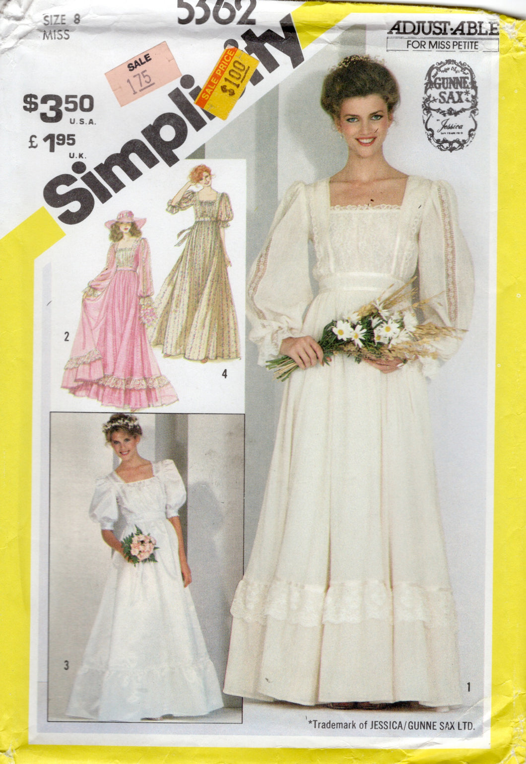 1980's Simplicity GUNNE SAX Prairie Dress or Wedding Dress with Square Neckline - Bust 31.5