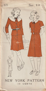 1930's New York Two-Piece Dress Pattern with Large Collar - Chest 28" & 30" - No. 521