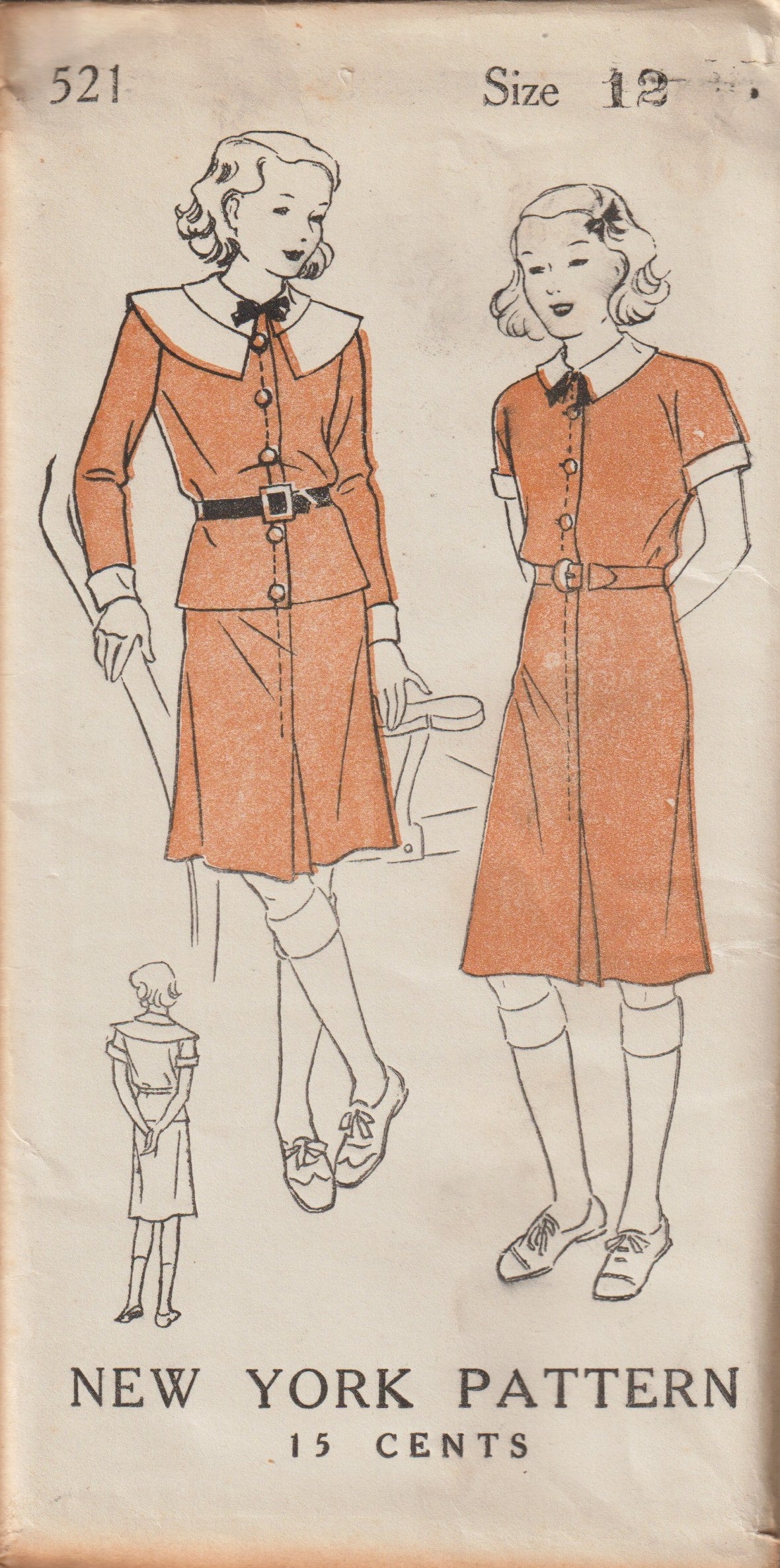 1930's New York Two-Piece Dress Pattern with Large Collar - Chest 28" & 30" - No. 521