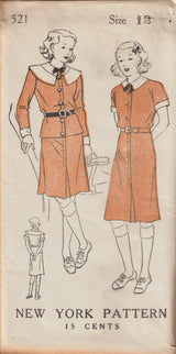 1930's New York Two-Piece Dress Pattern with Large Collar - Chest 28" & 30" - No. 521