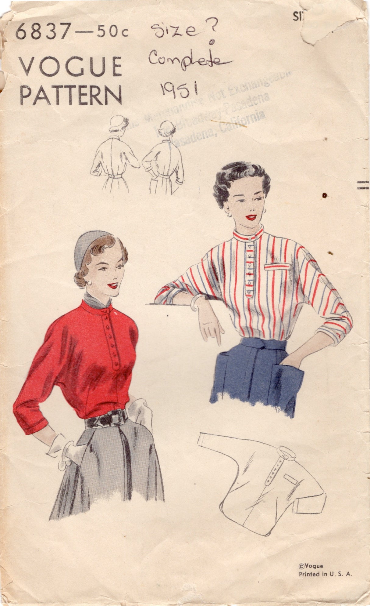 1940's Vogue Blouse Pattern with Dolman Sleeves - Bust 30" - no. 6837