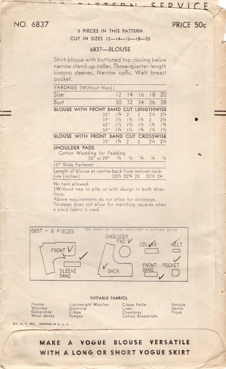1940's Vogue Blouse Pattern with Dolman Sleeves - Bust 30" - no. 6837