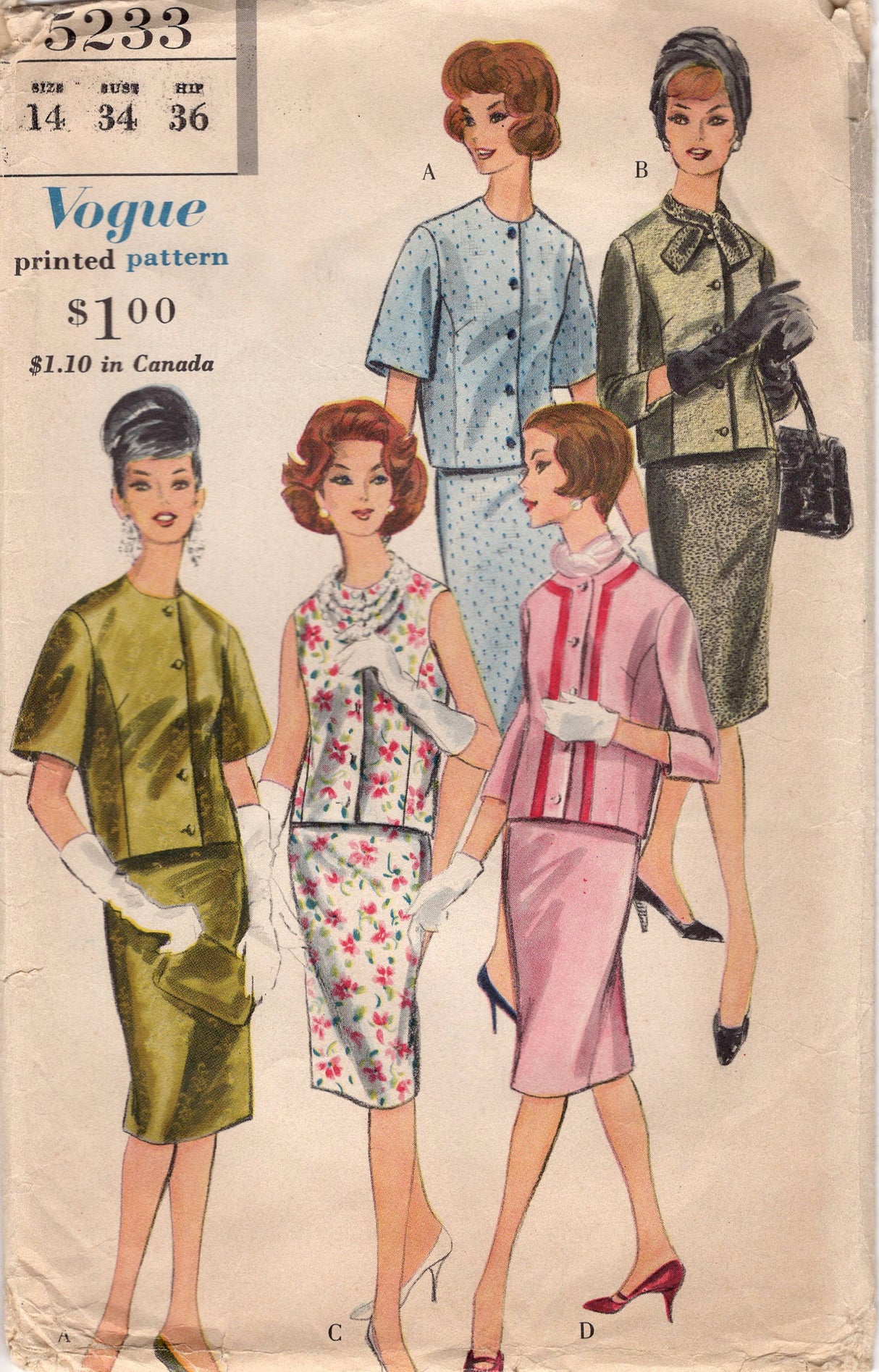 1960's Vogue Two-Piece Dress Pattern with or without sleeves - Bust 34" - No. 5233