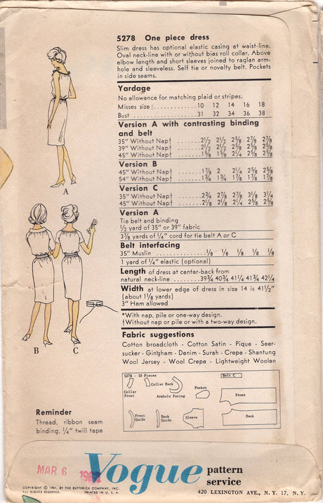 1950's Vogue Young Fashionables One-Piece Sheath Dress Pattern with Rolled Collar or Thin Ties - Bust 34" - No. 5278