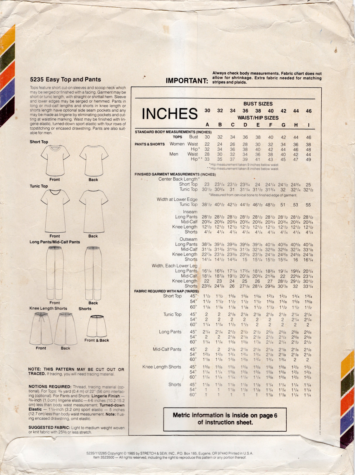 1980's Stretch & Sew Unisex Pullover Top or Tunic, Pull-on Pants, and Short in Two lengths pattern - Chest 30-46" - No. 5235