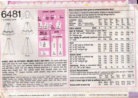 1970's Simplicity Unlined Jacket, Pants, Skirt and Petticoat Pattern - Bust 32.5" - No. 6481