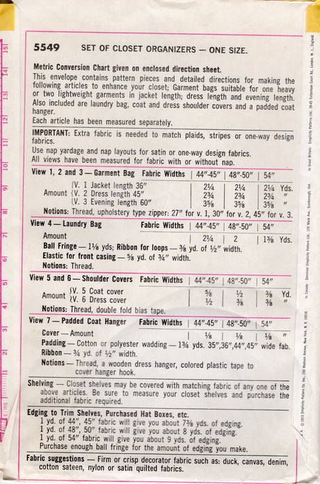 1970's Simplicity Closet Decorator Pattern - OS- No. 5549