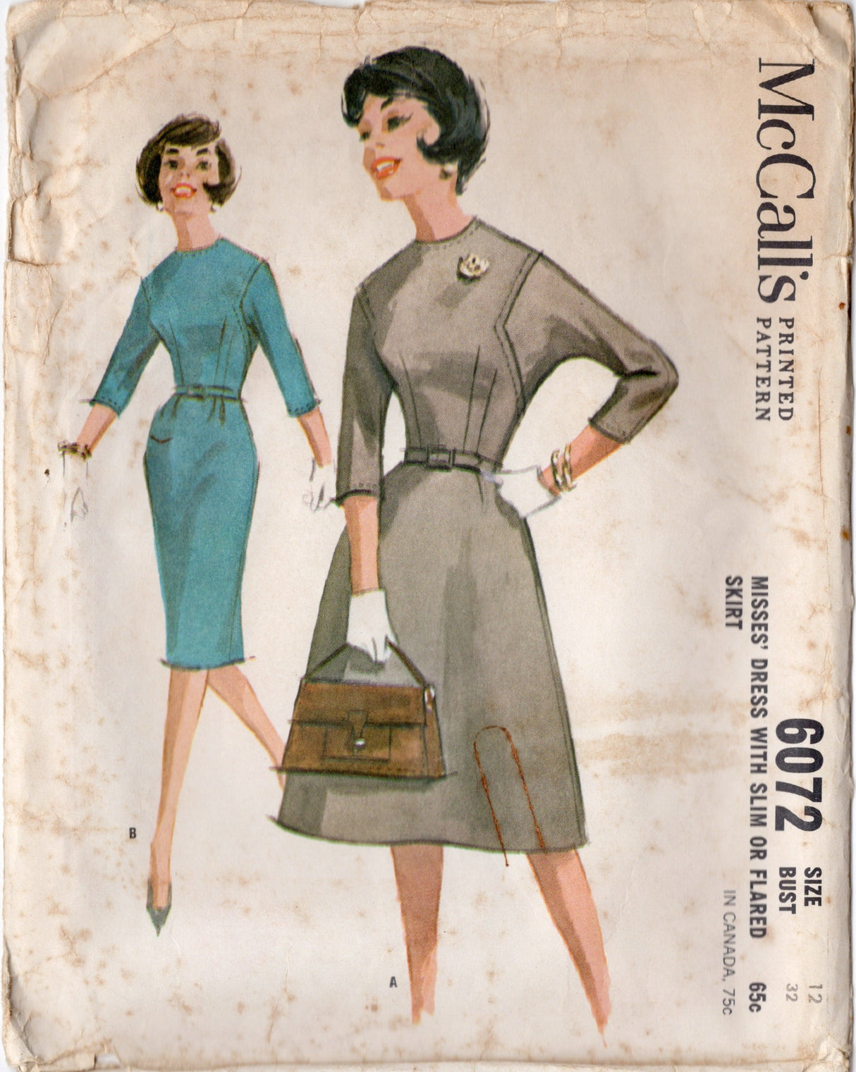 1960's McCall's One Piece Dress Pattern with Inset Sleeves - Bust 32" - No. 6072