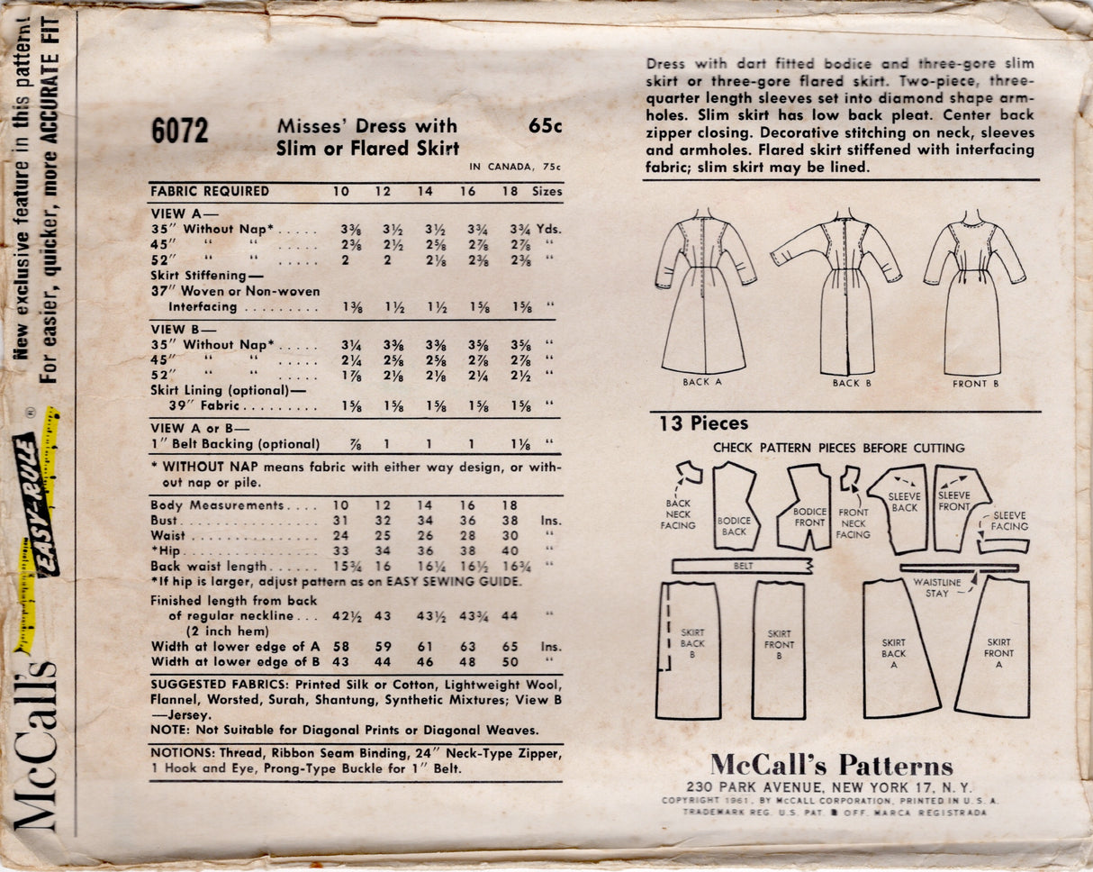 1960's McCall's One Piece Dress Pattern with Inset Sleeves - Bust 32" - No. 6072