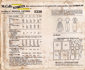 1950's McCall's Shirtwaist Dress with Slim or Full Skirt with Tab Accents - Bust 32" - No. 5238