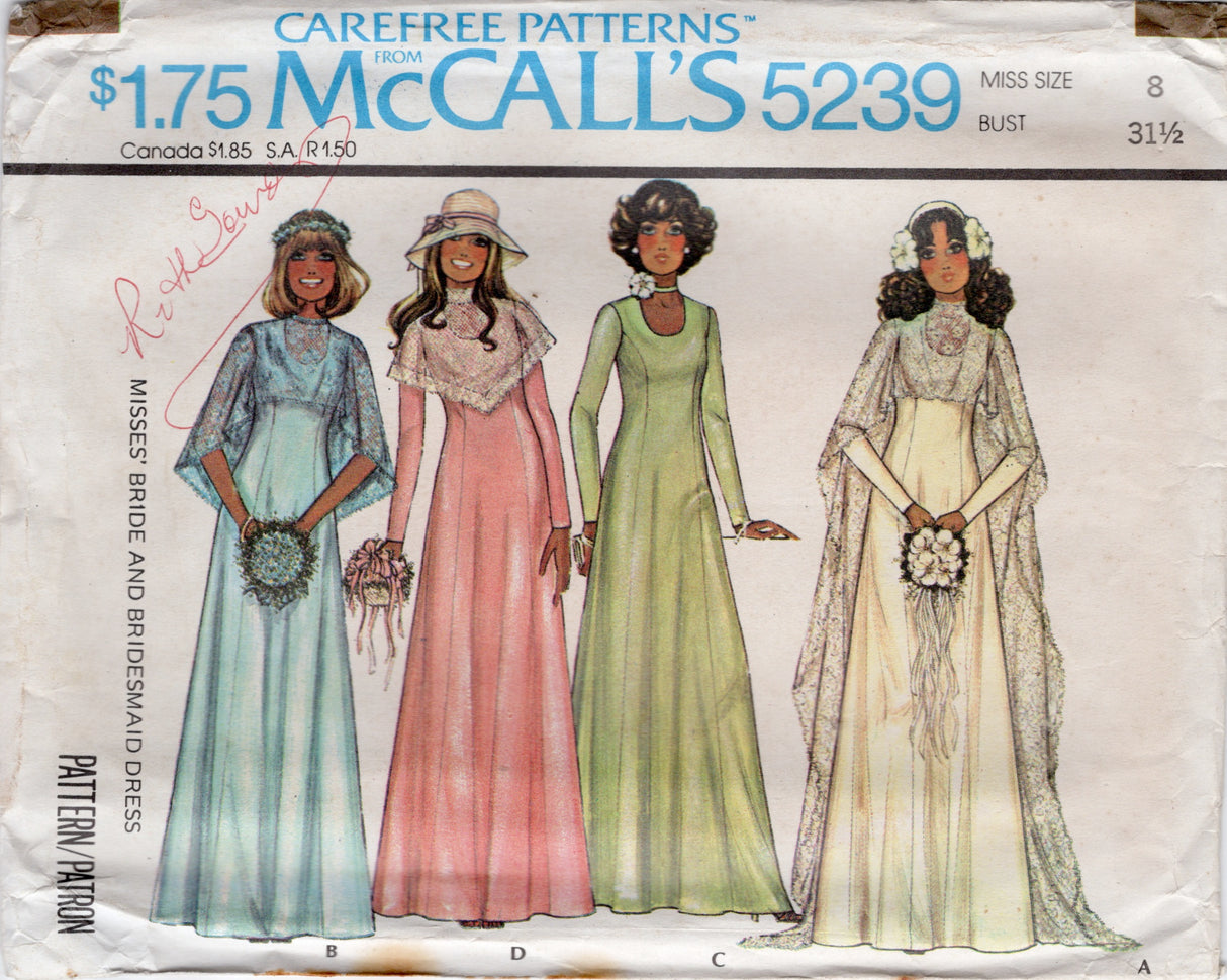 1970's McCall's Princess line Wedding Dress or Bridesmaid Dress with large Cape Pattern - Bust 31.5" - No. 5239