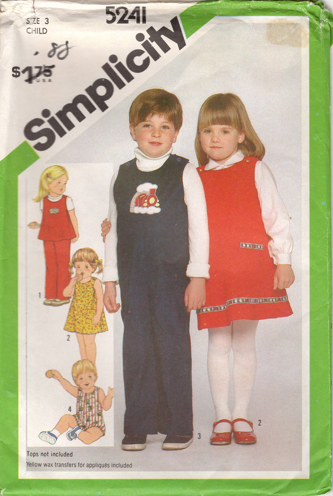 1980's Simplicity Child's Jumpsuit. Romper or Jumper Dress Pattern - Size 3  - No. 5241