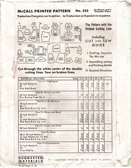 1930's McCall Shirley Temple Doll Clothes Wardrobe Pattern - 13" doll - No. 525