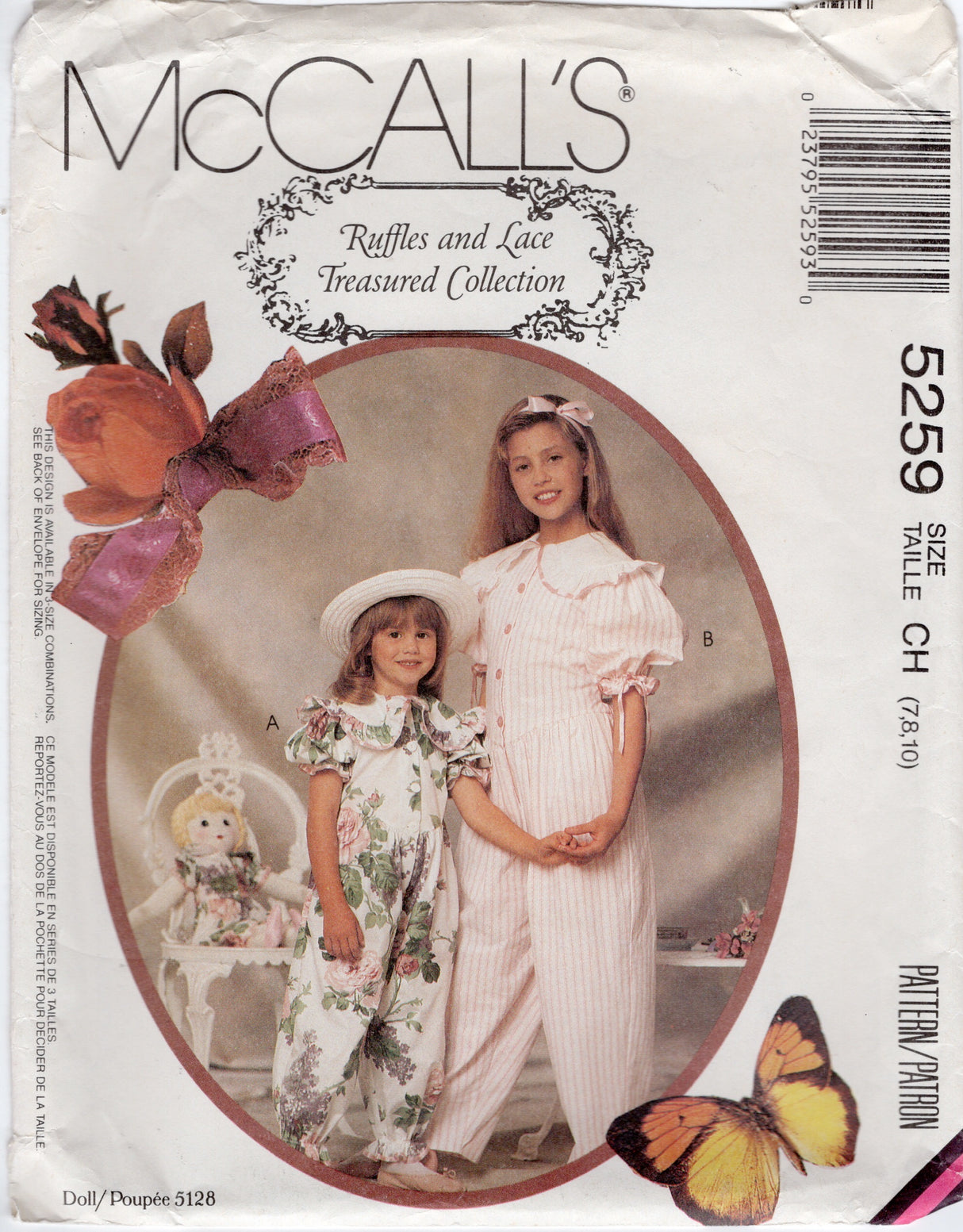 1990's McCall's Child's Jumpsuit with Large Collar and Puff Sleeves and 22" Doll Clothes - Chest 26-28.5" - No. 5259