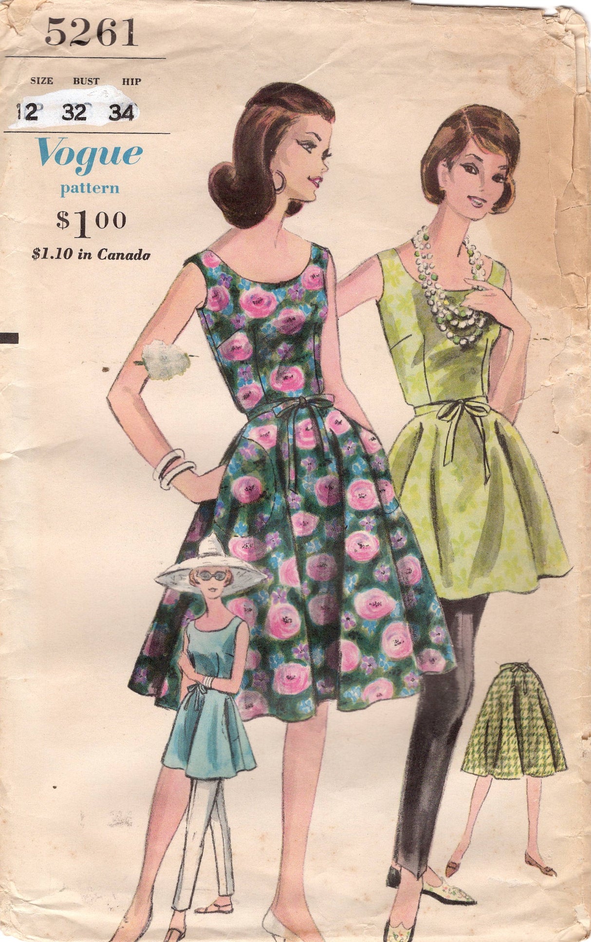 1960's Vogue One Piece Back Wrap Dress, Skirt, Tunic and Pants Pattern - Bust 32" - No. 5261