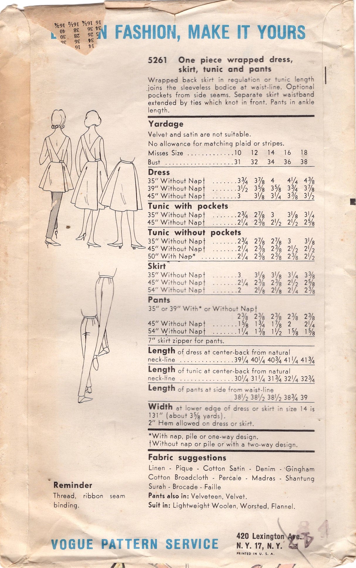 1960's Vogue One Piece Back Wrap Dress, Skirt, Tunic and Pants Pattern - Bust 32" - No. 5261