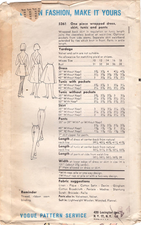 1960's Vogue One Piece Back Wrap Dress, Skirt, Tunic and Pants Pattern - Bust 32" - No. 5261