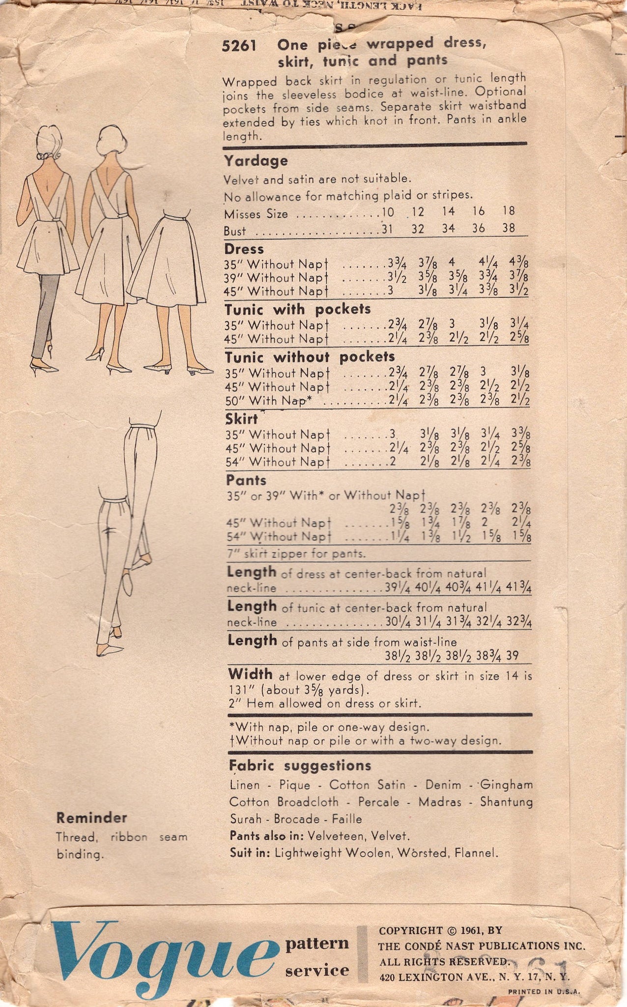 1960's Vogue One Piece Dress, Skirt, Tunic and Pants Pattern - Bust 34