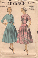 1950's Advance One Piece Drop Waist Dress with Gathered Skirt and Peter Pan Collar - Bust 32" - No. 6086