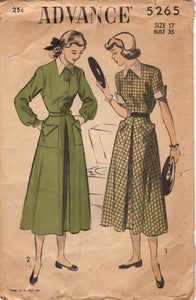 1940's Advance Teen Shirtwaist Dress Pattern with Large Collar and Cuffs - Bust 35" - No. 5265