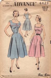 1950's Advance One-Piece Shirtwaist Dress Pattern with Square Neckline, and Flared Skirt Pattern  - Bust 36" - No. 6429
