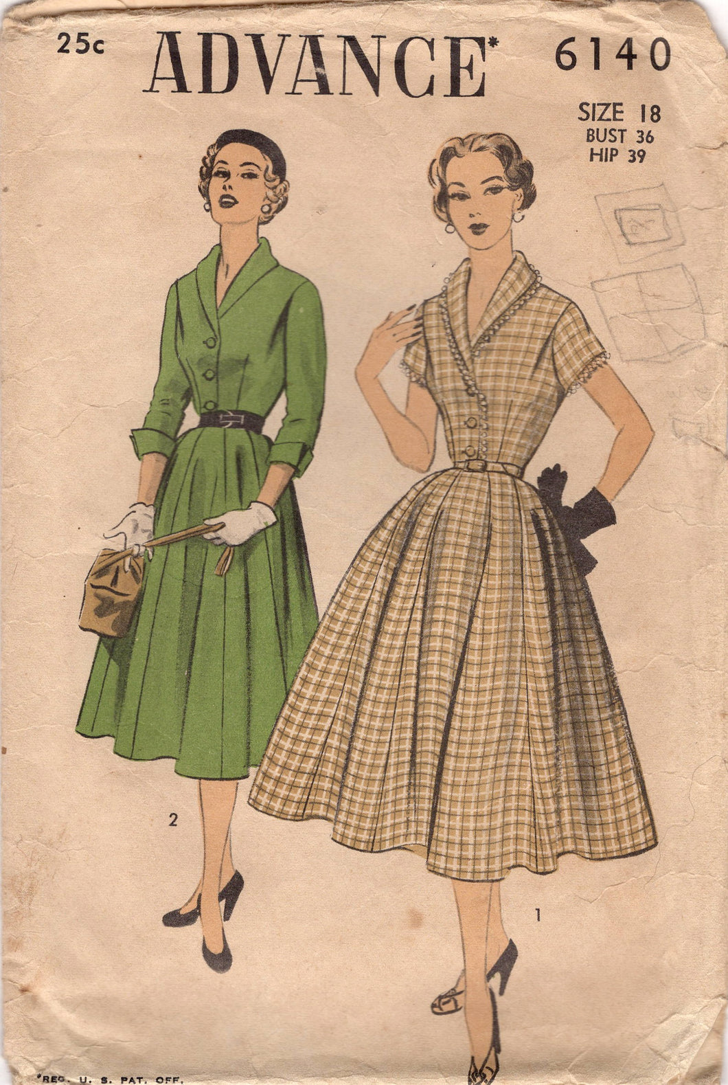 1950's Advance Shirtwaist Dress with 10 Gore Skirt and Rolled Collar - Bust 36