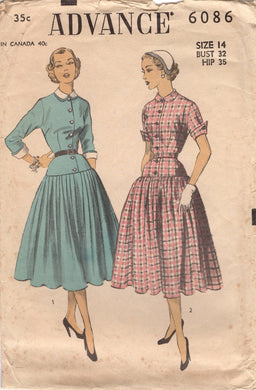 1950's Advance One Piece Drop Waist Dress with Gathered Skirt and Peter Pan Collar - Bust 32