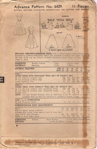 1950's Advance One-Piece Shirtwaist Dress Pattern with Square Neckline, and Flared Skirt Pattern  - Bust 36" - No. 6429