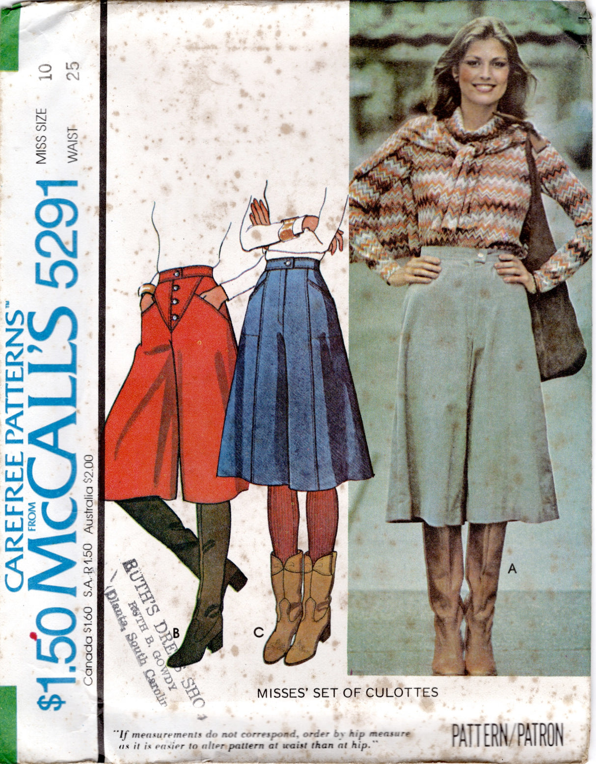 1970's McCall's Yoked Flared Culottes Pattern - Waist 25" - No. 5291