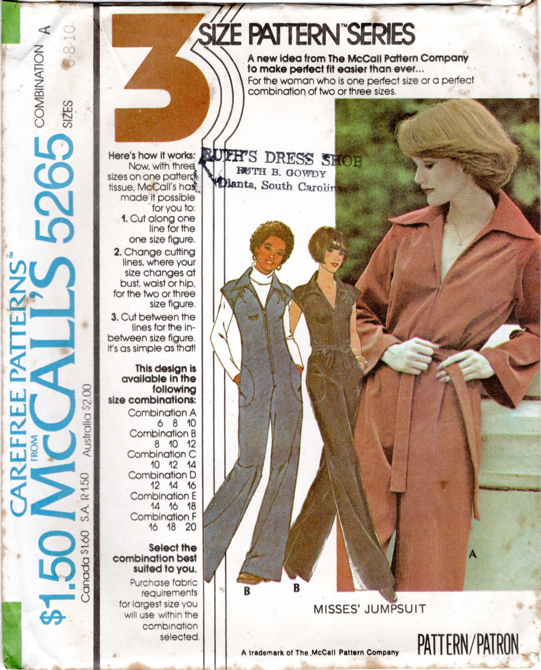 1970's McCall's Zip Front Jumpsuit with or without Sleeves - Bust 31.5-38