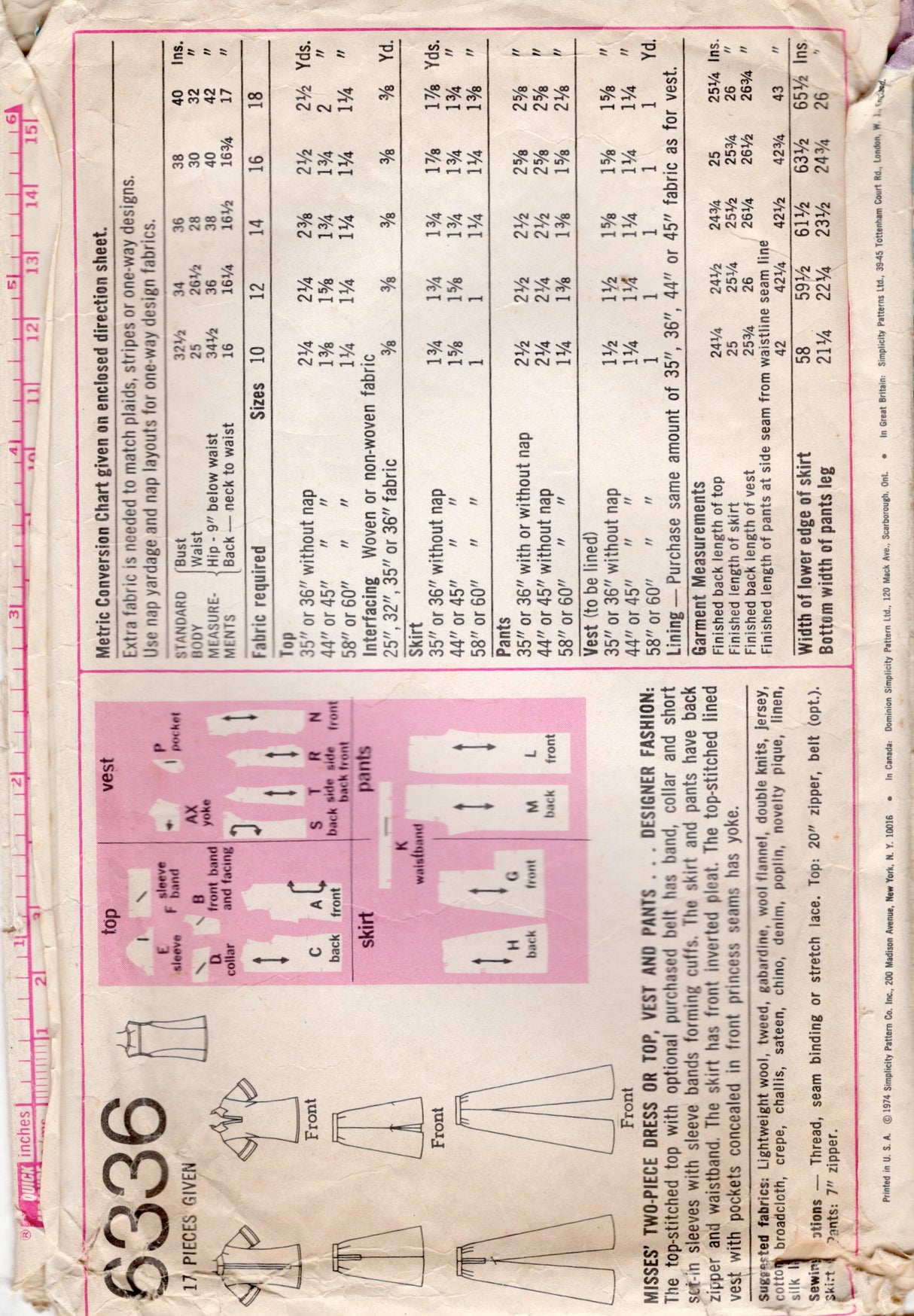 1970's Simplicity Tunic, A-line Skirt and Pants Pattern - Bust 40" - No. 6336