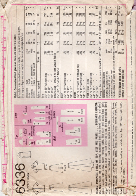 1970's Simplicity Tunic, A-line Skirt and Pants Pattern - Bust 40" - No. 6336