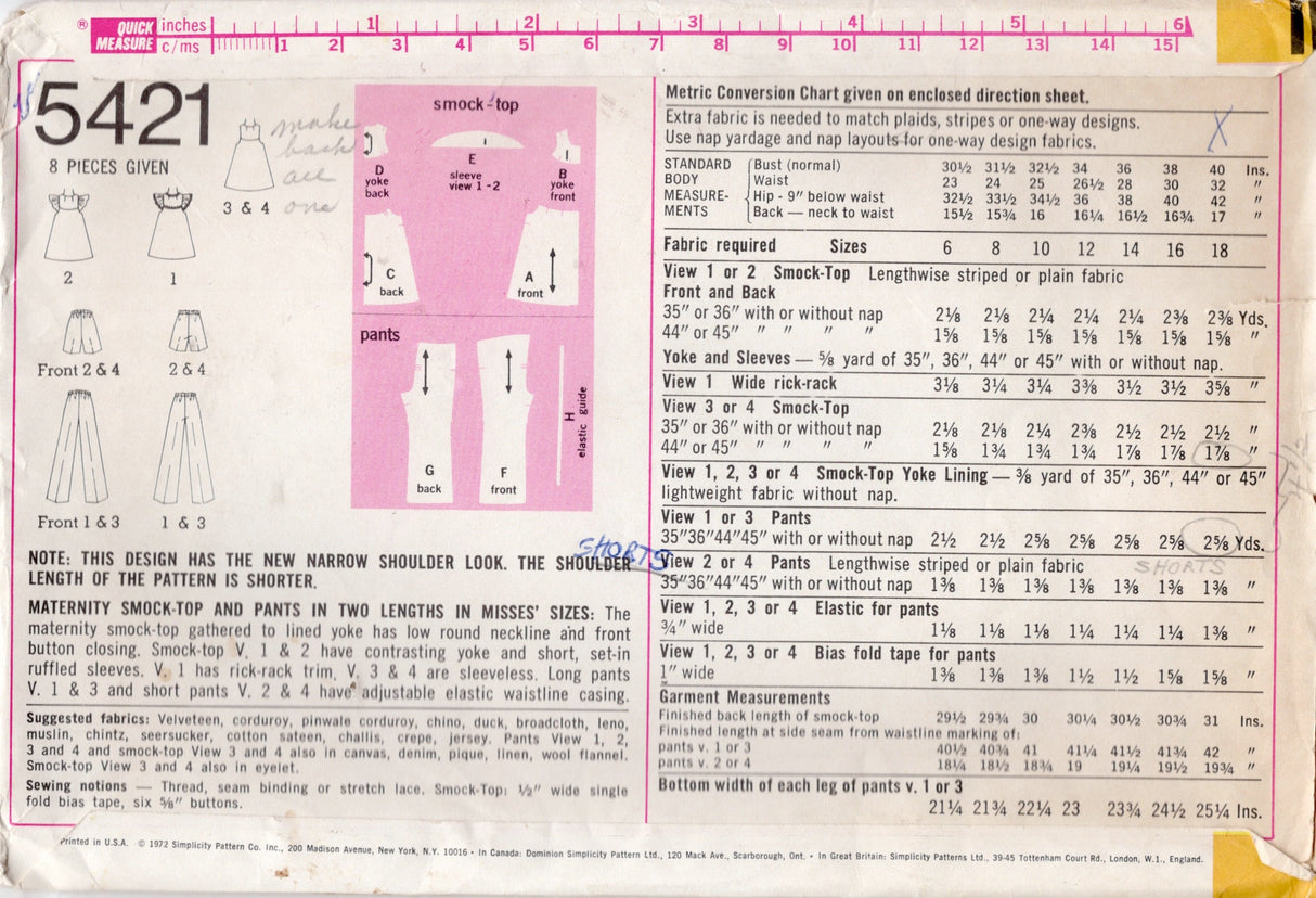 1970's Simplicity Maternity Button Up Shirt with Ruffle Accent, and Pants or Shorts Pattern - Bust 40" - No. 5421