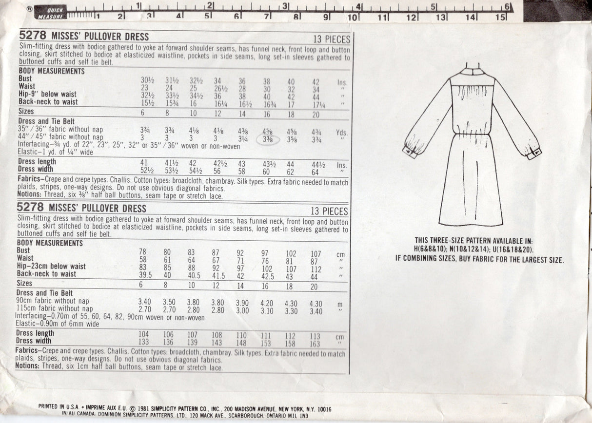 1980's Simplicity E.S.P. Shirtwaist Dress Pattern - Bust 38" - No. 5278