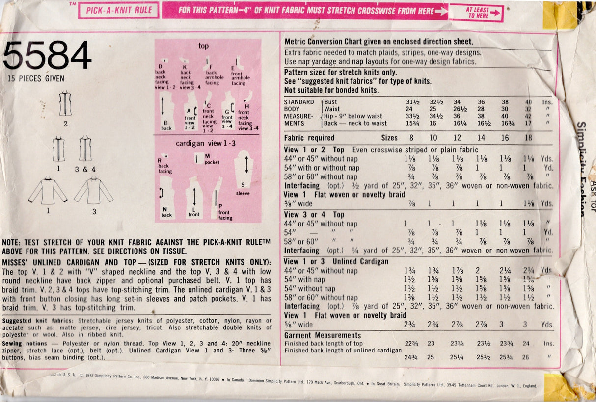 1970's Simplicity Unlined Cardigan and Top - Bust 40" - No. 5584