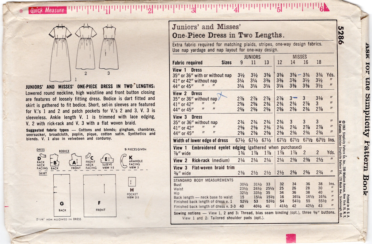 1960's Simplicity Empire Waist Dress Pattern with Pockets - Bust 34" - No. 5286