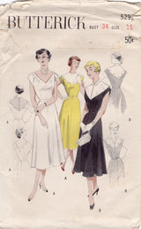 1950's Butterick Sleeveless V Neck Dress Pattern with Button on Collars - Bust 34" - No. 5292