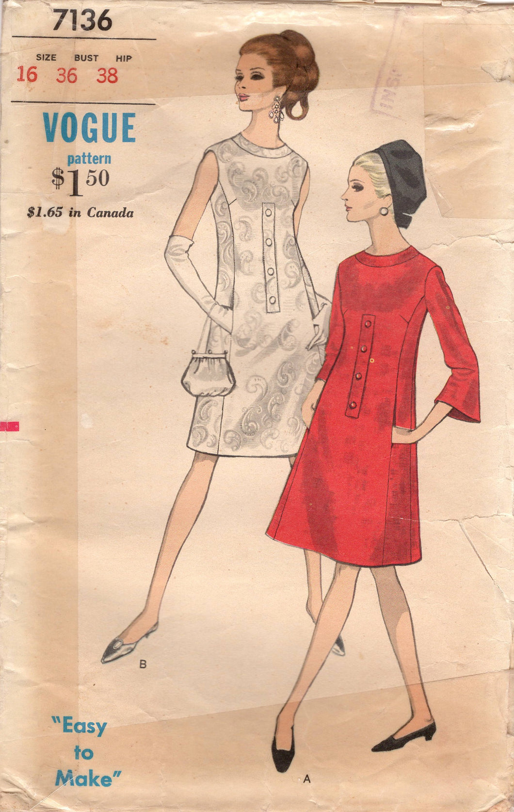 1960's Vogue One Piece Shift Dress with Button Accent with or without Sleeves - Bust 36
