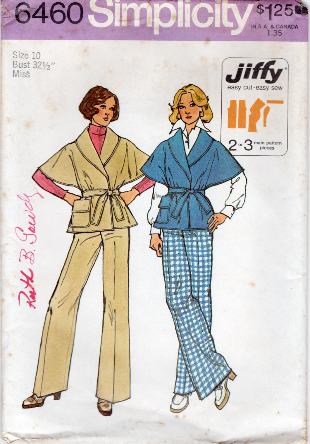 1970's Simplicity Jiffy Cape-Jacket and Pants Pattern - Bust 32.5