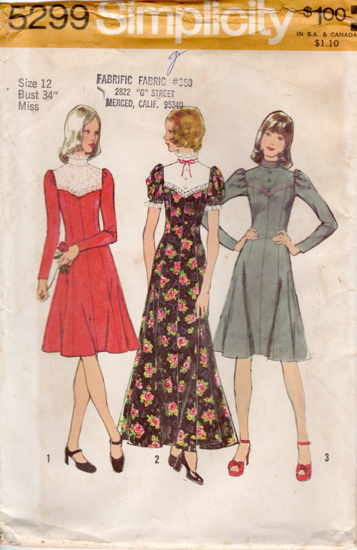 1970's McCall's Yoked Princess line Midi or Maxi Dress with Puff or Long pattern - Bust 34" - No. 5299