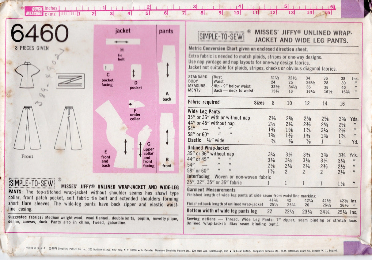 1970's Simplicity Jiffy Cape-Jacket and Pants Pattern - Bust 32.5" - No. 6460